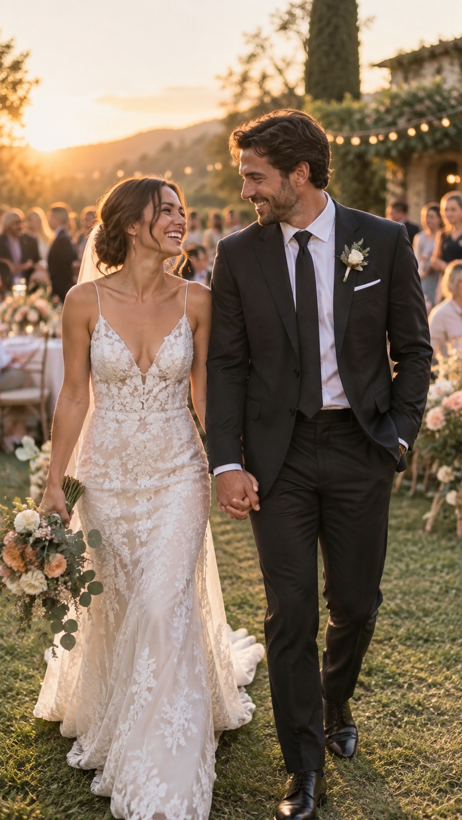 Newly married couple walking together after their ceremony